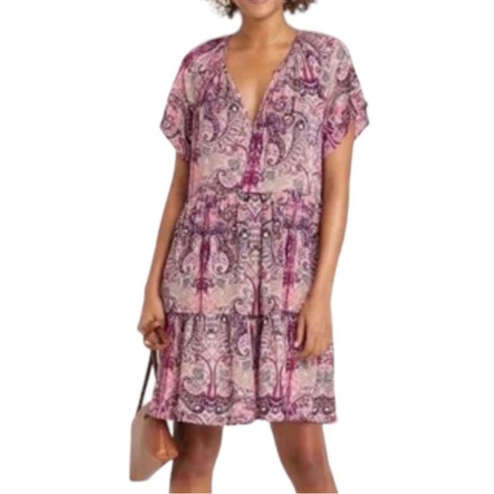 NWOT KNOX ROSE  Flutter Short Sleeve Tiered Dress Crinkle Scroll Print Medium